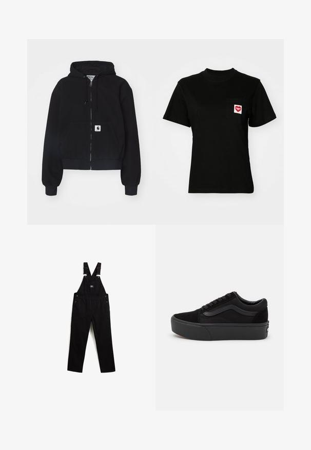 Sort zip-up hættetrøje lavet af blødt bomuld, med en forlommer, snørebånd i hætten og ribbede manchetter. Indeholder et logo-patch på lommen.; Sort bomulds t-shirt med rund halsudskæring og korte ærmer. Har en frontlomme med et rødt hjerte-logo og hvid tekst.; Sorte denim overalls med justerbare stropper, metalhardware, forlommer og sidelommer. Glat tekstur og lige ben-design.; Sort sneakers lavet af ruskind og lærred, med en rund tå, flad snørebåndsdesign og en tyk gummisål med subtil branding.