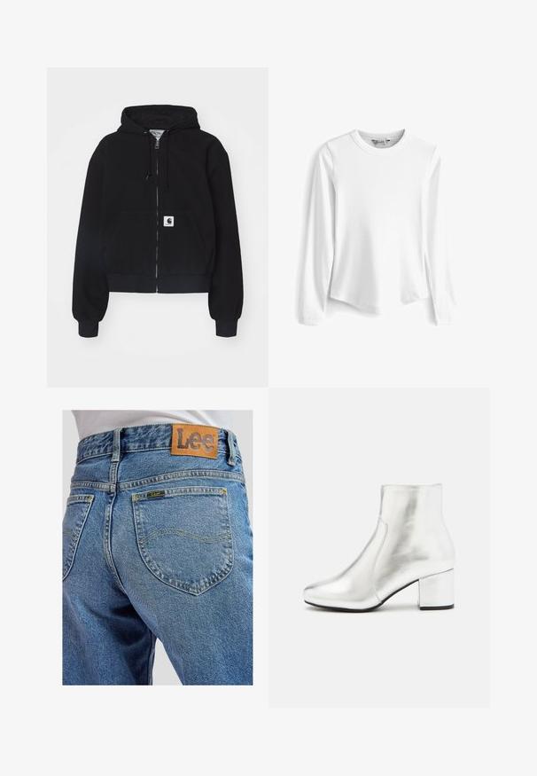 Schwarze Zip-Hoodie aus weichem Baumwollmaterial, mit einer vorderen Tasche, Kordelzugkapuze und gerippten Bündchen. Enthält ein Logopatch auf der Tasche.; Weißes Langarm-T-Shirt mit Rippstrick, Rundhalsausschnitt, abgerundetem Saum und seitlichen Schlitzen, aus einem weichen, strukturierten Stoff hergestellt.; Blaue Jeans aus Denim mit Gesäßtaschen, die gelbe Nähte und ein braunes Lederpatch der Marke Lee am Bund aufweisen.; Silberner Knöchelstiefel aus glänzendem Leder, mit runder Zehenform und Blockabsatz. Glatte Textur mit minimalen Nähdetails.