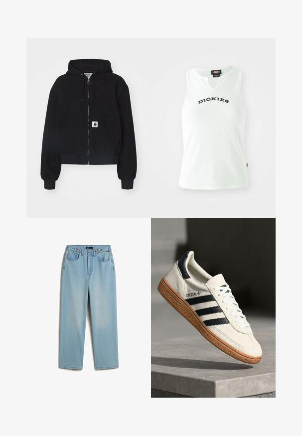 Schwarze Zip-Hoodie aus weichem Baumwollmaterial, mit einer vorderen Tasche, Kordelzugkapuze und gerippten Bündchen. Enthält ein Logopatch auf der Tasche.; Weißes, geripptes Tanktop mit V-Ausschnitt, das das Wort "DICKIES" in fetten schwarzen Buchstaben auf der Brust trägt. Keine Ärmel.; Vans CINCHED CHECK - Baggy Jeans - light stonewash; Weiße Wildleder-Sneaker mit marineblauen Streifen, Gummisohle, strukturiertem Obermaterial, runder Zehenform und Schnürung; mit Branding an der Seite und auf der Zunge.