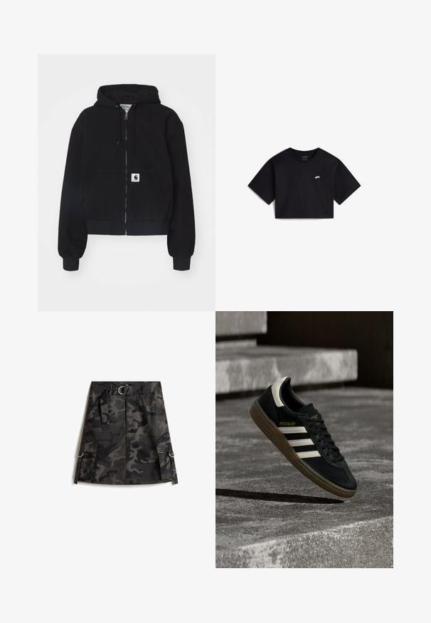 Sort zip-up hættetrøje lavet af blødt bomuld, med en forlommer, snørebånd i hætten og ribbede manchetter. Indeholder et logo-patch på lommen.; Sort cropped t-shirt lavet af bomuld, med korte ærmer og et lille hvidt skateboardlogo på venstre bryst.; Kamuflage nederdel i mørkegrå og sort, med en frontlynlås, bælte med sølvspænde og to cargo-lommer med ringe.; Sort Adidas-sneaker med hvide striber og gummisåler, svævende over grå betontrapper i naturligt lys.