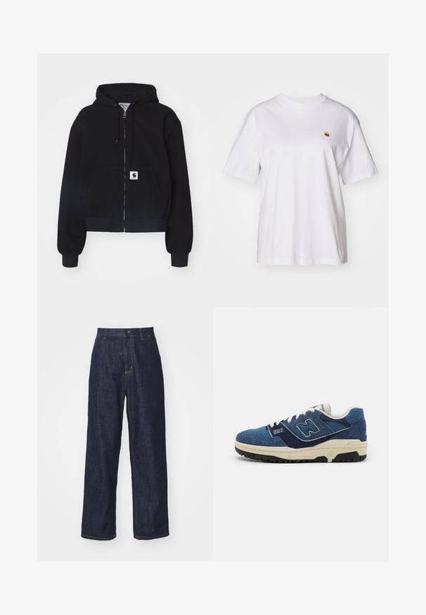 Musta tõmblukuhoodie, mis on valmistatud pehmest puuvillast. Sellel on eesmine tasku, nööri kapuuts ja soonikkoes varrukad. Taskul on logokleeps.; Valge puuvillane T-särk, millel on lõdva lõikega, lühikesed varrukad ja väike broderi logo vasakul rinnakarpi.; Tumedat sinised sirged teksapüksid vööloopidega, esine nööp ja küljetaskud valgel taustal.; Sinine sametist toss, millel on kontrastsed tumesinised paneelid, valged paelad ja tekstuuriga must kummitald. Küljel on näha mudelinumber "550".