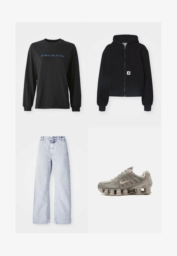 Haut à zip noir en coton doux, doté d'une poche frontale, d'une capuche avec cordon et de poignets côtelés. Comprend un patch logo sur la poche.; T-shirt noir à manches longues en coton, avec le texte bleu "Tout Travail Et Pas De Jeu" dans une police décorative sur la poitrine.; Jean en denim bleu clair à jambes larges, taille haute, avec fermeture à bouton et design à cinq poches. Texture douce et détails de couture visibles.; Baskets Nike Shox beige clair avec semelle amortissante visible en forme de colonne et détails en mesh sur la tige.