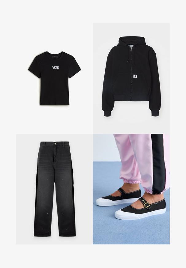 Schwarze Zip-Hoodie aus weichem Baumwollmaterial, mit einer vorderen Tasche, Kordelzugkapuze und gerippten Bündchen. Enthält ein Logopatch auf der Tasche.; Vans CAMERON - T-Shirt basic - black; Schwarze Jeans mit weitem Bein, hoher Taille, Gürtelschlaufen, vorderem Knopf und kleinen weißen Farbspritzern.; Schwarze Leinenschuhe mit einer weißen Sohle, die ein Ausschnittdesign und einen goldenen Schnallenriegel aufweisen. Getragen mit rosa Sporthosen.