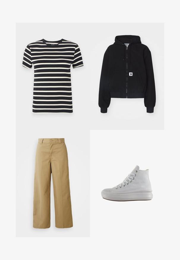 Haut à zip noir en coton doux, doté d'une poche frontale, d'une capuche avec cordon et de poignets côtelés. Comprend un patch logo sur la poche.; T-shirt bleu marine avec des rayures crémeuses horizontales, encolure ronde, manches courtes et en coton doux. Les bords sont finement finis.; Pantalons larges beiges en tissu mélangé coton, avec une fermeture à bouton, des passants de ceinture et des poches avant.; Baskets montantes en toile blanche avec lacets blancs, œillets métalliques, semelle épaisse en caoutchouc et bout texturé, orientées vers la gauche sur fond blanc.