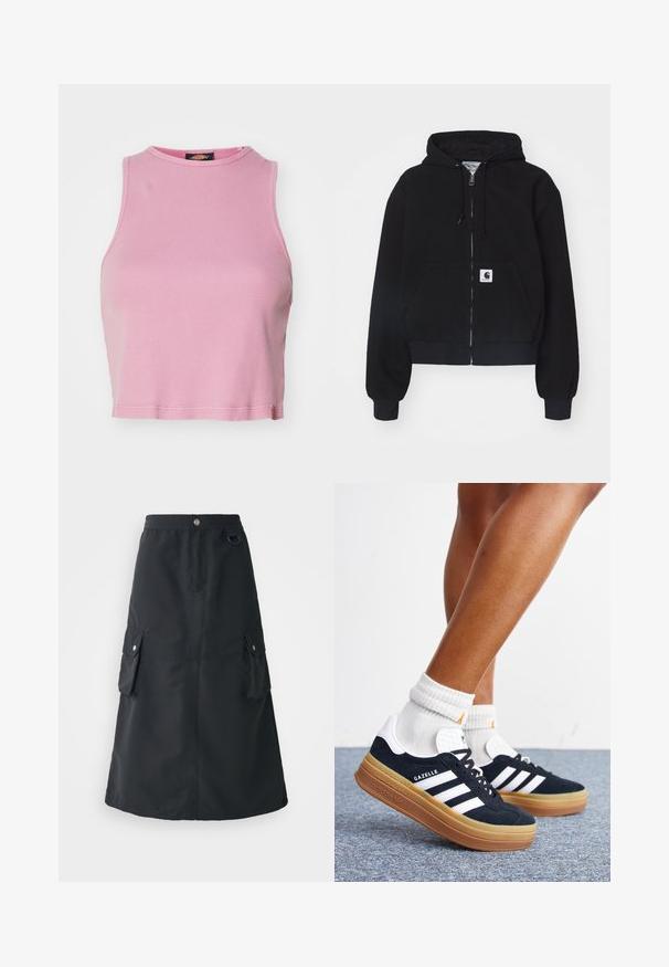 Musta tõmblukuhoodie, mis on valmistatud pehmest puuvillast. Sellel on eesmine tasku, nööri kapuuts ja soonikkoes varrukad. Taskul on logokleeps.; Roosa ribaga lühike topp ümmarguse kaeluse ja lühikeste varrukateta disainiga. Omab hemii, mis lõpeb just vöökoha kohal.; Must mustriba mustete, mis on valmistatud kerged kangast, koos elastse vööde, kahe cargo tasku ja õrn sära.; Jalad valgete sokkide ja mustade Adidas Gazelle tossudega, millel on valged triibud ja paksud pruunid tallad, halli vaibaga põrandal.