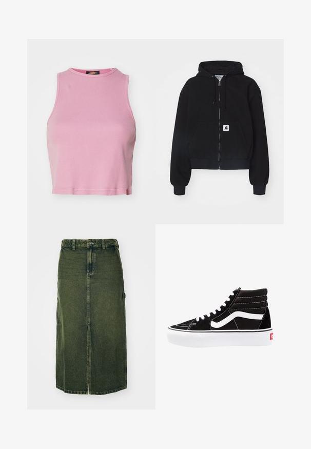 Schwarze Zip-Hoodie aus weichem Baumwollmaterial, mit einer vorderen Tasche, Kordelzugkapuze und gerippten Bündchen. Enthält ein Logopatch auf der Tasche.; Rosa gerippter Cropped-Top mit rundem Halsausschnitt und ärmellosem Design. Besitzt einen Saum, der knapp über der Taille endet.; Grünes Denim-Kleid mit mittellangem Schnitt, vorderem Schlitz, Knopfschluss und Gürtelschlaufen. Die Textur ist leicht verblasst, mit Seitentaschen.; Schwarze High-Top-Sneaker mit weißen Schnürsenkeln, einem weißen Logo und kontrastierendem weißen Nähten. Verfügt über eine dicke weiße Sohle und ein strukturiertes Wildleder-Obermaterial.