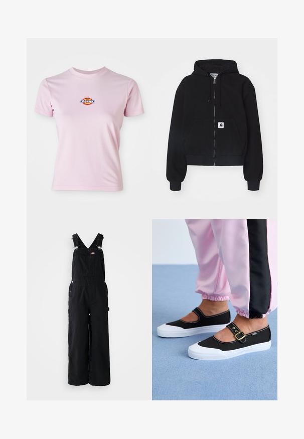 Zwarte ritssluiting hoodie van zachte katoen, met een voorzak, een trekkoordcapuchon en ribgebreide manchetten. Inclusief een logo patch op de zak.; Roze katoenen t-shirt met korte mouwen, ronde halslijn en een klein rond logo in rood, geel en blauw op de borst.; Zwarte denim dungarees met brede pijpen, verstelbare schouderbanden, een voorktas en zilveren hardware-accenten. Glad van textuur, minimaal ontwerp.; Zwarte canvas schoenen met een witte zool, met een uitgesneden ontwerp en een gouden gespband. Draagt met roze joggingsbroek.