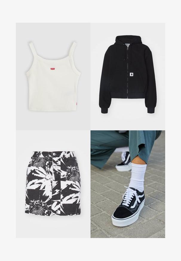 Haut à zip noir en coton doux, doté d'une poche frontale, d'une capuche avec cordon et de poignets côtelés. Comprend un patch logo sur la poche.; Crop top blanc côtelé avec fines bretelles et petit logo Levi's rouge au centre devant et sur la couture latérale.; Jupe en denim noir avec un imprimé floral blanc audacieux, une forme structurée, une fermeture à boutons à l'avant, et un tissu texturé avec des coutures visibles.; Baskets en suède noir avec des accents et des lacets blancs, présentant une épaisse semelle blanche et des coutures contrastantes, associées à une chaussette blanche.
