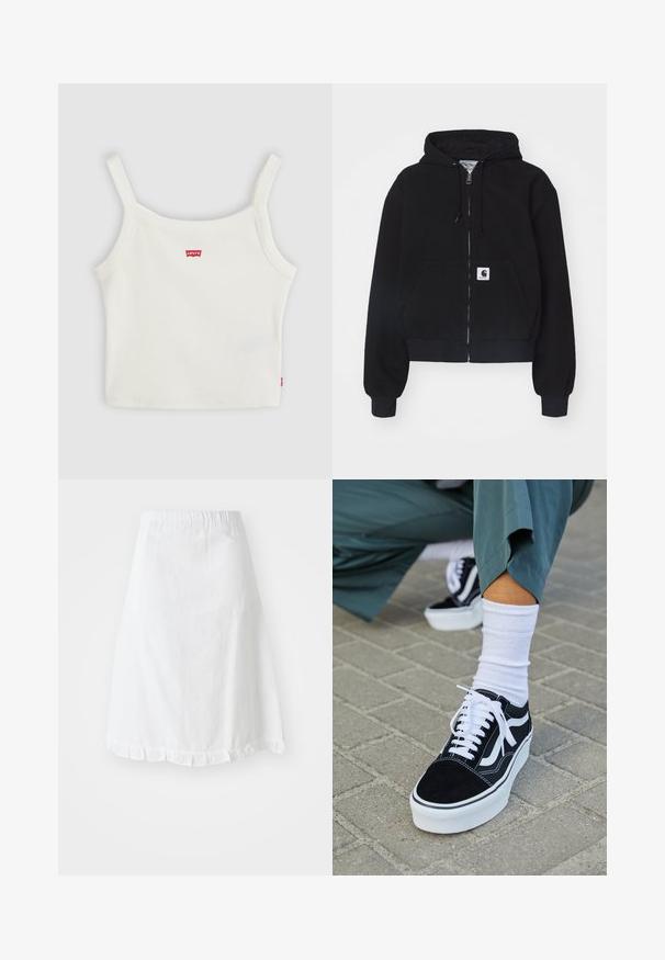 Haut à zip noir en coton doux, doté d'une poche frontale, d'une capuche avec cordon et de poignets côtelés. Comprend un patch logo sur la poche.; Crop top blanc côtelé avec fines bretelles et petit logo Levi's rouge au centre devant et sur la couture latérale.; Jupe blanche avec taille élastique, présentant un motif texturé et un ourlet festonné en bas. Design simple en A.; Baskets en suède noir avec des accents et des lacets blancs, présentant une épaisse semelle blanche et des coutures contrastantes, associées à une chaussette blanche.