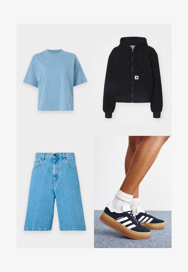 Schwarze Zip-Hoodie aus weichem Baumwollmaterial, mit einer vorderen Tasche, Kordelzugkapuze und gerippten Bündchen. Enthält ein Logopatch auf der Tasche.; Helles blaues T-Shirt mit kurzen Ärmeln aus Baumwolle, das einen runden Halsausschnitt und ein kleines Logo auf der Brust hat. Lässige Passform mit glatter Textur.; Hellblaue Jeansshorts mit lockerer Passform, ausgestattet mit Gürtelschlaufen, einem Knopfverschluss und vorderen Taschen. Der Stoff hat eine glatte Textur.; Beine mit weißen Socken und schwarzen Adidas Gazelle Sneakers mit weißen Streifen und dicken braunen Sohlen auf einem grauen Teppichboden.