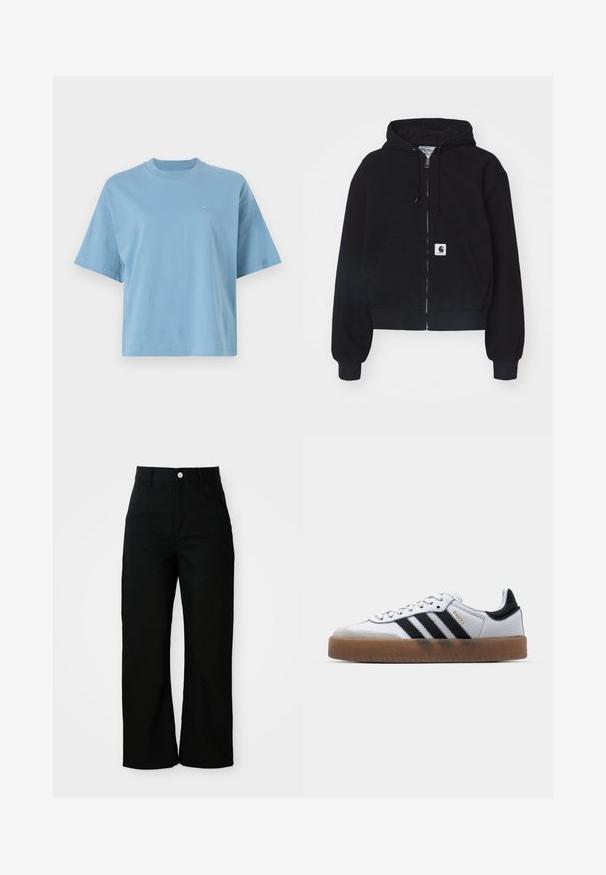 Schwarze Zip-Hoodie aus weichem Baumwollmaterial, mit einer vorderen Tasche, Kordelzugkapuze und gerippten Bündchen. Enthält ein Logopatch auf der Tasche.; Helles blaues T-Shirt mit kurzen Ärmeln aus Baumwolle, das einen runden Halsausschnitt und ein kleines Logo auf der Brust hat. Lässige Passform mit glatter Textur.; Schwarze, hoch taillierte, gerade geschnittene Hose mit Vordertaschen, Gürtelschlaufen und einem silbernen Knopfverschluss auf weißem Hintergrund.; Weiße Leder Sneakers mit schwarzen Streifen, Gummigummi-Außensohle, runder Zehenform, Schnürverschluss und weichem grauem Wildleder-Zehenkappe.