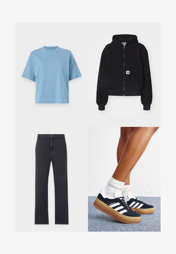 Musta tõmblukuhoodie, mis on valmistatud pehmest puuvillast. Sellel on eesmine tasku, nööri kapuuts ja soonikkoes varrukad. Taskul on logokleeps.; Heleheles sinine lühikeste varrukate ja puuvillane t-särk, millel on ümmargune kaelus ja väike logo rinna piirkonnas. Mõnusalt lõdva lõikega ja sile tekstuur.; Sirged mustad teksad esiküljel nööbi ja tõmblukuga, vööaasadega ning klassikalise viie tasku disainiga, paigutatud valgel taustal.; Jalad valgete sokkide ja mustade Adidas Gazelle tossudega, millel on valged triibud ja paksud pruunid tallad, halli vaibaga põrandal.