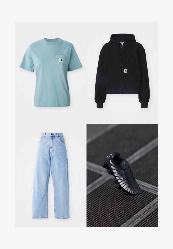 Haut à zip noir en coton doux, doté d'une poche frontale, d'une capuche avec cordon et de poignets côtelés. Comprend un patch logo sur la poche.; T-shirt en coton léger bleu clair à manches courtes avec poche poitrine affichant un petit patch logo Carhartt noir et blanc.; Jeans en denim bleu clair taille haute avec des jambes droites larges, fermeture à bouton à l'avant, fermeture éclair et poches avant et arrière.; Chaussure de sport noire avec tige en maille texturée, accents argentés, soutien de la voûte plantaire et semelle rembourrée présentant un design segmenté distinct.