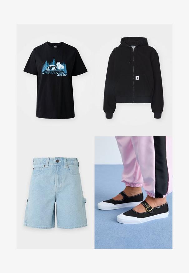 Schwarze Zip-Hoodie aus weichem Baumwollmaterial, mit einer vorderen Tasche, Kordelzugkapuze und gerippten Bündchen. Enthält ein Logopatch auf der Tasche.; Schwarzes Baumwoll-T-Shirt mit einem blauen Grafikdruck eines Bären und eines Pandas vor einem Hintergrund mit Bäumen. Kurzärmlig und mit rundem Ausschnitt.; Hellblaue Jeansshorts mit Gürtelschlaufen, vorderem Knopf und Reißverschluss, Seitentaschen und einer Hammerschlaufe am rechten Bein.; Schwarze Leinenschuhe mit einer weißen Sohle, die ein Ausschnittdesign und einen goldenen Schnallenriegel aufweisen. Getragen mit rosa Sporthosen.