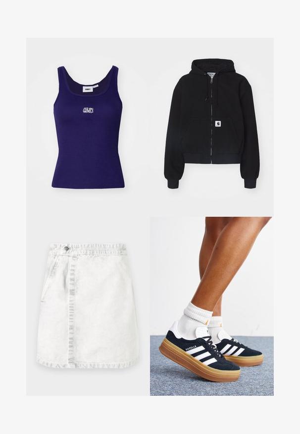 Musta tõmblukuhoodie, mis on valmistatud pehmest puuvillast. Sellel on eesmine tasku, nööri kapuuts ja soonikkoes varrukad. Taskul on logokleeps.; Tumesinine ribatud tank top, millel on ilma varrukateta disain, väikese valge tikandiga logo rinnal ja ümar kaelus.; Heled hall kleit. A-line mudel, ees taskud, keskel nähtav õmblus ja üks metallnupp vööl.; Jalad valgete sokkide ja mustade Adidas Gazelle tossudega, millel on valged triibud ja paksud pruunid tallad, halli vaibaga põrandal.