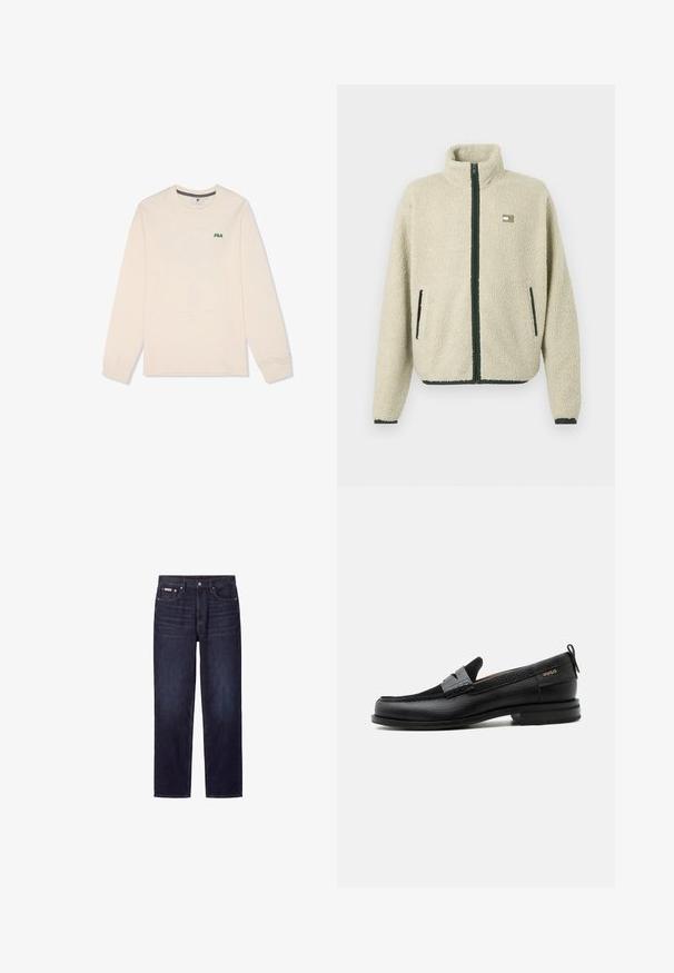 Beige sherpa fleece jakke med sort lynlås og lomme-kant, høj krave, lange ærmer, og et lille rektangulært logo på brystet.; Langærmet skjorte i cremefarvet bomuld. Har et lille grønt "FILA"-logo på brystet og en crew neck-design med ribbede manchetter.; Mørkeblå straight-leg jeans med fem lommer, knaplukning og synlige syninger.; Sort læderloafer med grå remdetalje, lav hæl og tekstureret sål, mærket med "HUGO" i guld på siden.
