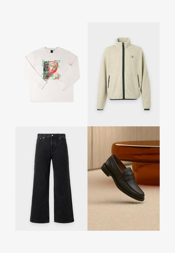 Veste en fleece sherpa beige avec fermeture éclair noire et bordure de poche, col montant, manches longues et un petit logo rectangulaire sur la poitrine.; T-shirt à manches longues blanc avec un imprimé graphique aux accents rouges et verts, un design abstrait et un fond noir motif.; Jean large taille haute noirs avec un bouton sur le devant, des passants de ceinture et un design à cinq poches sur fond blanc.; Mocassin homme en cuir noir avec une bande sur le dessus, présenté sur un tapis beige près d'une table ronde moderne marron.
