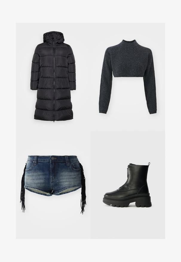 Sort pufferjakke med hætte, der har lynlås foran, kviltet design og mellemlang længde. Glat tekstur med vandret syning.; Kort turtleneck sweater i mørkegrå, med lange ærmer og tekstureret strikstof. Designet er figursyet og minimalistisk, uden synlige hardware.; Denim shorts i gradient blå vask med frynset kant og sorte frynsedekorationer på siderne, med forlommer og et liv. ; Sorte læder ankelstøvler med lynlås, tyk gummisål, ribbet detaljer omkring sålen, og en løkke bagpå.