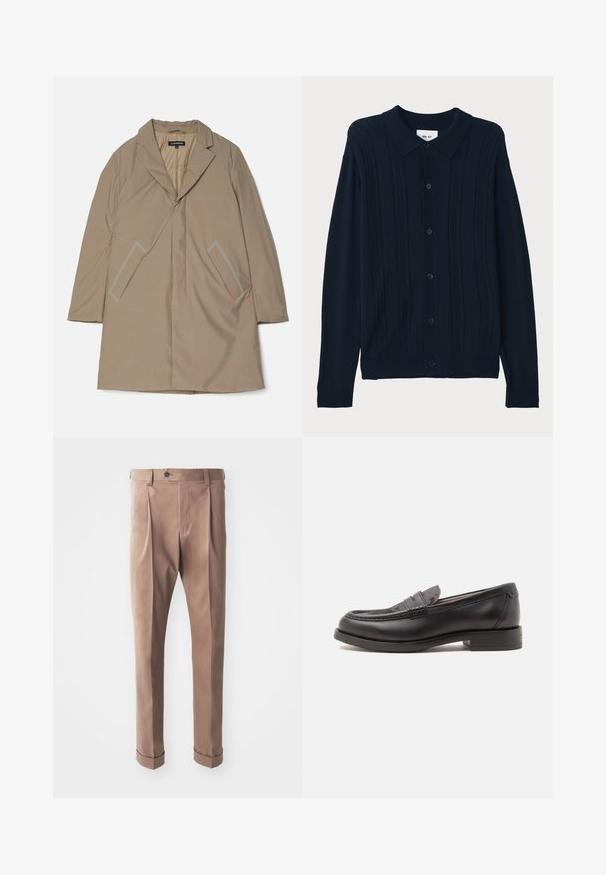 Beige, mittel-langer Außenmantel mit Kragen, schräger Vorderöffnung und zwei Seitentaschen. Hergestellt aus glattem, leichtem Stoff.; NN.07 THOR - Hemd - dark blue; Khakihosen aus strukturierter Stoffqualität, mit hoher Taille, Falten und umgeschlagenen Säumen, sowie einem einzelnen Knopfverschluss an der Taille.; Schwarzer Lederloafer mit niedrigem Absatz und strukturierter Upper-Sektion, von der Seite auf hellem, einfarbigem Hintergrund gezeigt.