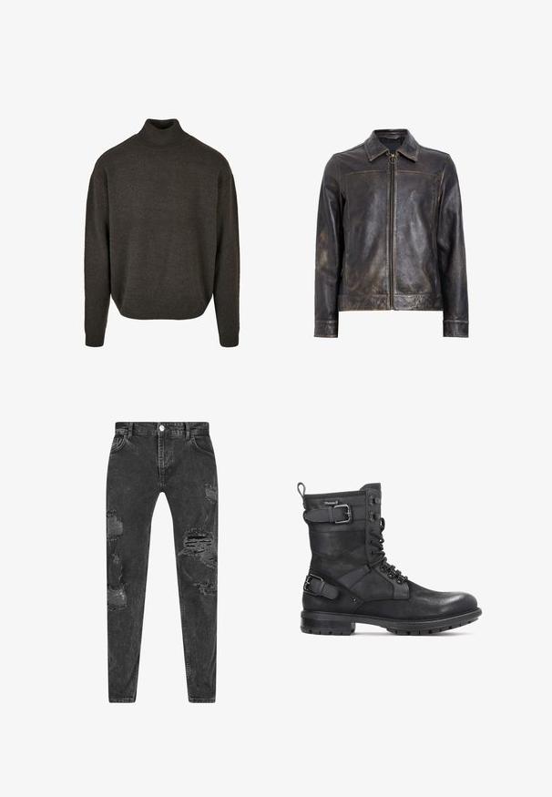 Veste en cuir noir avec fermeture éclair, col montant et texture légèrement usée. Présente un accent en métal circulaire sur la fermeture éclair.; Pull en maille brun à col roulé avec une coupe décontractée, poignets et ourlet côtelés. Présente une texture douce et ne comporte aucun motif ou embellissement visible.; Jean en denim noir avec des détails déchirés et plusieurs zones déchirées. Coupe ajustée avec cinq poches et fermeture à bouton.; Kazar HEARD - Bottines de cowboy / motard - black