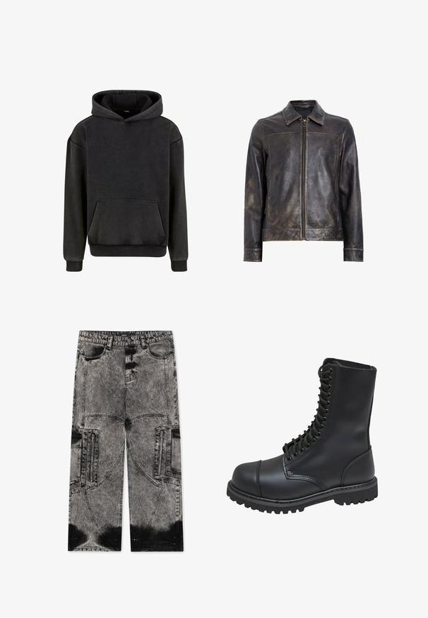 Veste en cuir noir avec fermeture éclair, col montant et texture légèrement usée. Présente un accent en métal circulaire sur la fermeture éclair.; Urban Classics Sweat à capuche - magnet; FAVELA BIG POCKET - Jean large - black acid washed; Botte de combat en cuir noir avec un haut tige, fermeture lacée à l'avant, col rembourré et semelle texturée robuste pour une meilleure adhérence. Dotée d'un capuchon de protection renforcé.