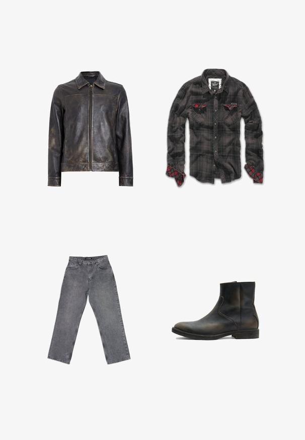 Veste en cuir noir avec fermeture éclair, col montant et texture légèrement usée. Présente un accent en métal circulaire sur la fermeture éclair.; Chemise en flanelle à carreaux noirs avec des accents rouges sur les poches poitrine et les poignets, dotée d'un devant à boutons et d'un design de col classique.; Jean en denim gris, taille haute, jambe droite, avec poches avant, passants pour ceinture, fermeture par bouton et coutures visibles sur fond blanc.; AllSaints LANG - Bottines - brown