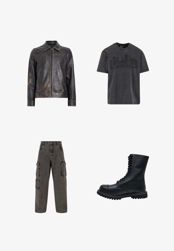 Sort læderjakke med lynlåslukning, stående krave og subtilt slidte tekstur. Har et cirkulært hardware-element på lynlåsen.; Sort bomuld t-shirt med rund hals og korte ærmer, med et slidt skyline-motiv i mørkegrå henover brystet.; Karl Kani OG BAGGY - Jeans Relaxed Fit - grey; Sort læder snørebåndsstøvle med rund tå, høj skaft, tyk gummisål og struktureret overflade. Har forstærket syning langs sømmene.