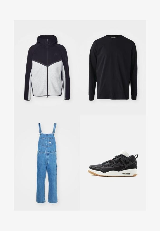 Harmaa ja musta vetoketjullinen takki hupulla. Ominaisuuksiin kuuluu chevron-kuviointi, vetoketjullinen tasku hihassa ja kontrastiväriset materiaalit. Nike-logo näkyvissä.; Mustapaita, jossa on pitkät hihat, valmistettu puuvillasta. Paita on pyöreäkauluksinen ja suoralinjainen, ja hihassa on pieni logo.; Farkkuhaalarit, joissa on säädettävät olkaimet, leveät lahkeet ja etutasku, jossa on etiketti. Vaaleansininen väri, jossa on teksturoitu pinta.; Mustavalkoinen korkeavartinen lenkkari, jossa valkoiset saumat, hengittävä verkko, kuminumero ja näkyvä ilmatyyny kantapään kohdalla.