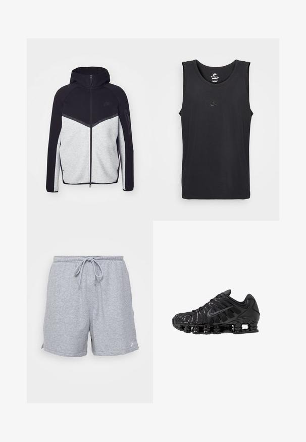 Grijze en zwarte ritshoodie. Heeft een chevronontwerp, een ritszak op de mouw en contrasterende texturen. Nike-logo zichtbaar.; Zwarte mouwloze Nike tanktop van katoen, met een ronde halslijn en een klein reliëflogo op de borst. Glad stofoppervlak.; Grijze katoenen sportshorts met een verstelbare trekkoord taille, zijzakken en een klein logo op de onderste zoom.; Zwarte sportschoenen gemaakt van mesh en synthetische materialen, met een opvallend golvend ontwerp, zwarte rubberen zool en reflecterende accenten.