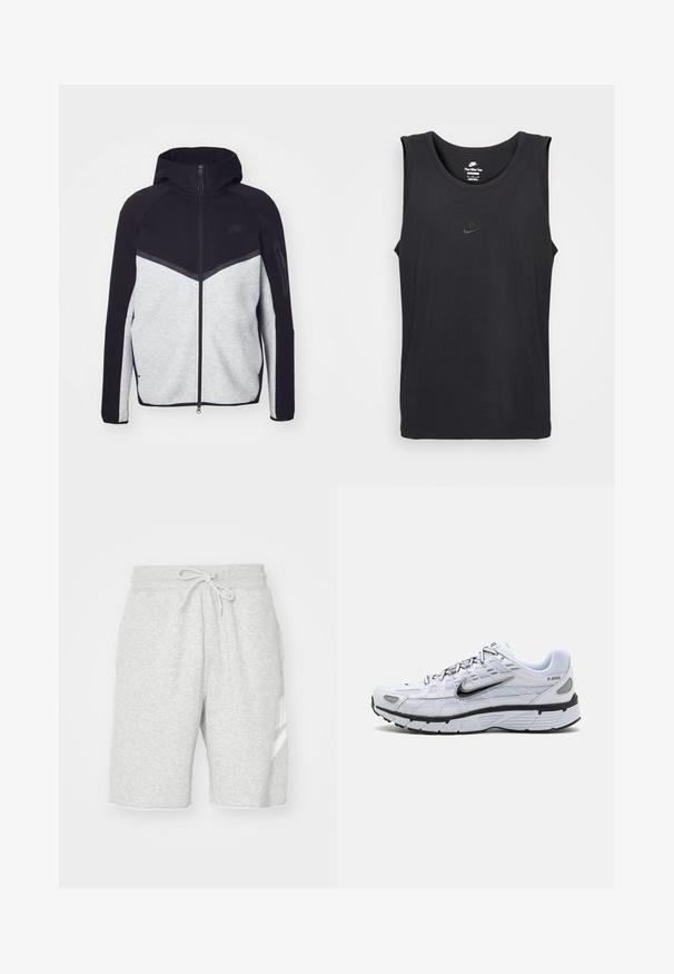 Grå og sort zip-jakke med hætte. Har et chevron-design, lynlåslomme på armen og kontrasterende teksturer. Nike-logoet er synligt.; Sort ærmeløs Nike tanktop lavet af bomuld, med rund halsudskæring og et lille præget logo på brystet. Glat stoftekstur.; Mænds grå sweatshorts lavet af blød bomuld, med elastisk talje med snøre, sidelommer og detalje med hvidt logo.; Hvide løbesko med mesh-overdel, rund tå, sorte accenter og mønstret sål. Har snøring og branding på siden.