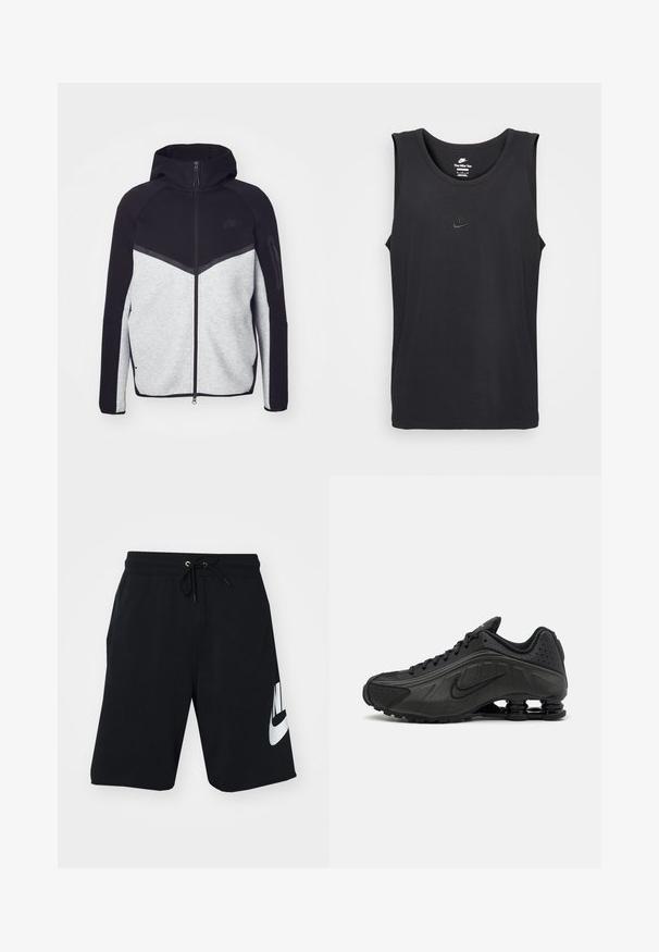 Chaqueta con cremallera en gris y negro con capucha. Presenta un diseño de chevron, un bolsillo con cremallera en el brazo y texturas contrastantes. Logo de Nike visible.; Tank top sin mangas de Nike en color negro, hecho de algodón, con un cuello redondo y un pequeño logo en relieve en el pecho. Tejido de textura suave.; Pantalones cortos de algodón negro con cintura elástica y cordón, bolsillos laterales y gran logo blanco de Nike impreso en el muslo izquierdo. Diseño atlético clásico.; Zapatillas de running negras con un upper sintético liso, detalles perforados, paneles laterales texturizados y una suela distintiva y elástica.