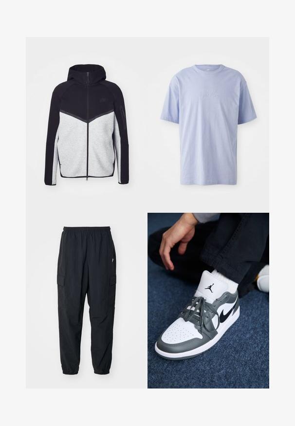 Šedá a čierna vetrovka na zips s kapucňou. Obsahuje chevronový dizajn, zipsovú kapsu na ramene a kontrastné textúry. Viditeľné logo Nike.; Svetlomodré bavlnené tričko s okrúhlym výstrihom a krátkymi rukávmi. Má vystúpené logo "nike" v strede prednej časti. Mäkkučký materiál.; Čierne cargo nohavice vyrobené z ľahkého materiálu, s elastickým pásom, bočnými vreckami a voľným strihom s elastickými manžetami.; Tenisky Nike Air Jordan 1 v bielom a šedom koži, s čiernym logom, perforovanou špičkou a plochými šedými šnúrkami.