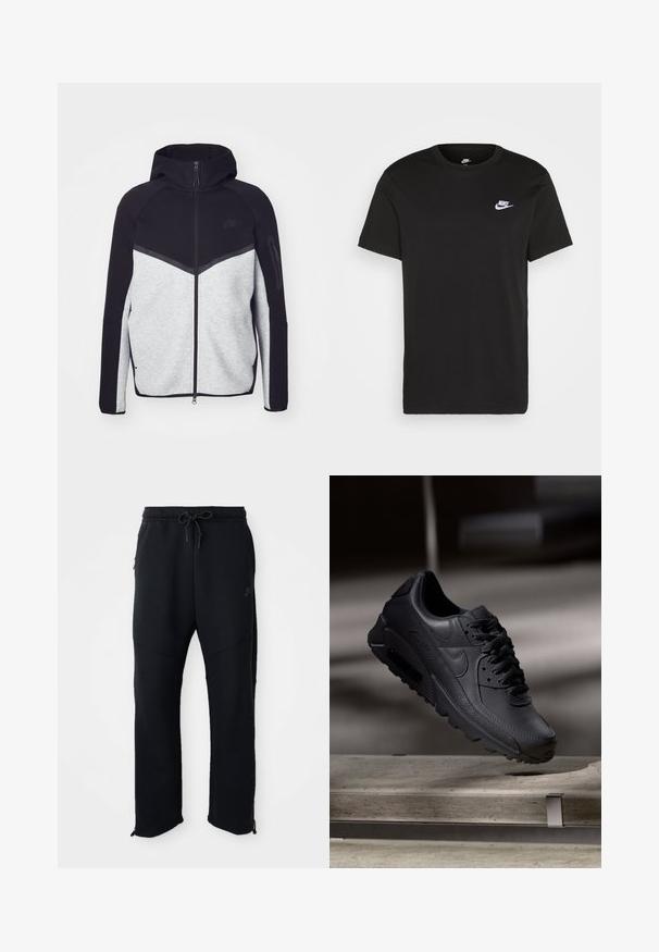Hallide ja musta kapuutsiga tõmblukuga jakk. Omab ševronmustrit, tõmblukuga taskut varrukal ja kontrasteksture. Nähtav Nike logo.; Must musta T-särk lühikeste varrukatega, ümmargune kaelus ja väike valge Nike logo vasakul rinnaosal. Sile tekstuur. Klassikaline lõige.; Mustad mustaräätsed paelaga ja elastse vööga, küljetaskud, kitsenevad sääred ja tõmblukud pahkluude juures. Sile tekstuur.; Mustad musta Nike Air Max tossud, millel on tekstuuriga nahk, kummist välistald ja silmapaistev paeltesüsteem, esitades voolujoonelist ja modernset disaini.