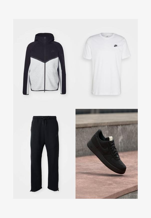 Veste à capuche zippée gris et noir. Présente un design en chevrons, une poche zippée sur le bras et des textures contrastées. Logo Nike visible.; T-shirt en coton blanc avec col rond, manches courtes et logo Nike noir sur la poitrine gauche. Design simple, couleur unie.; Pantalons de sport noirs avec taille élastique et cordon de serrage, dotés de poches latérales, de jambes fuselées et de zips aux chevilles. Texture lisse.; Baskets Nike Air Force 1 noires flottant au-dessus d’un rebord en béton rose avec un fond en pierre grise, montrant des détails latéraux et supérieurs.