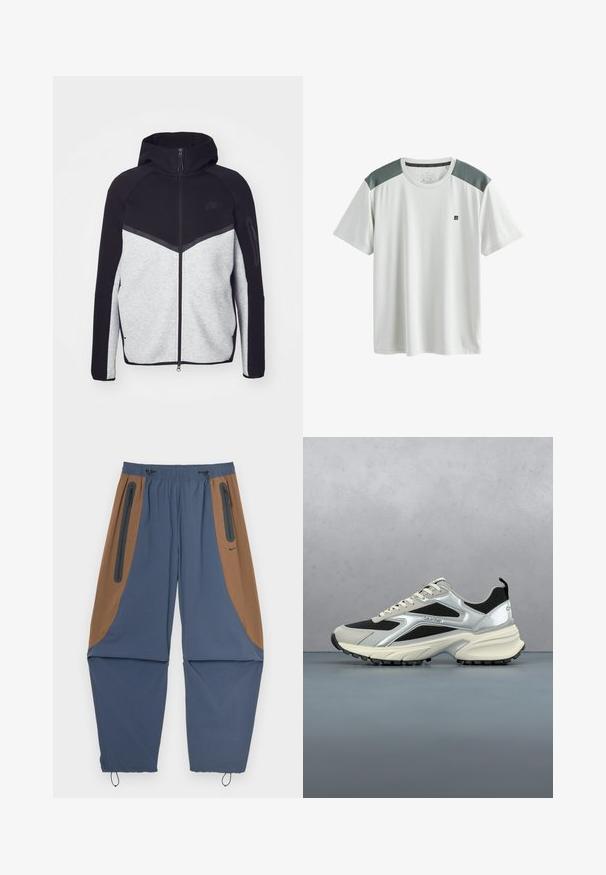 Grau-schwarze Zip-Jacke mit Kapuze. Verfügt über ein Chevron-Design, eine Reißverschlusstasche am Arm und kontrastierende Texturen. Nike-Logo sichtbar.; Weißes kurzärmeliges Sport-T-Shirt mit grauen Mesh-Schultereinsätzen und kleinem schwarzem Logo auf der linken Brustseite.; Marineblaue und braune Sporthose mit elastischem Bund, seitlichen Reißverschlusstaschen und verstellbaren Kordeln an den Bündchen. Glatte Textur.; Moderner schwarzer und silberner Calvin Klein Sneaker, der über einem Holzfliesenboden mit verschwommenem Außenhintergrund schwebt.