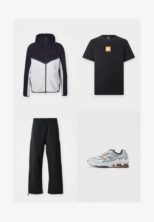 Grå og sort zip-jakke med hætte. Har et chevron-design, lynlåslomme på armen og kontrasterende teksturer. Nike-logoet er synligt.; Sort kortærmet Nike T-shirt med en lille orange firkantet logo og hvid Nike-swoosh placeret centralt på brystet.; Sorte bukser med brede ben lavet af blødt stof, med elastisk talje og snøre, sidelommer og en glat overflade.; Lyst grå løbesko med sorte detaljer, orange logo, mesh-overdel, polstret krave og gummisål med synlige stødabsorberende enheder.