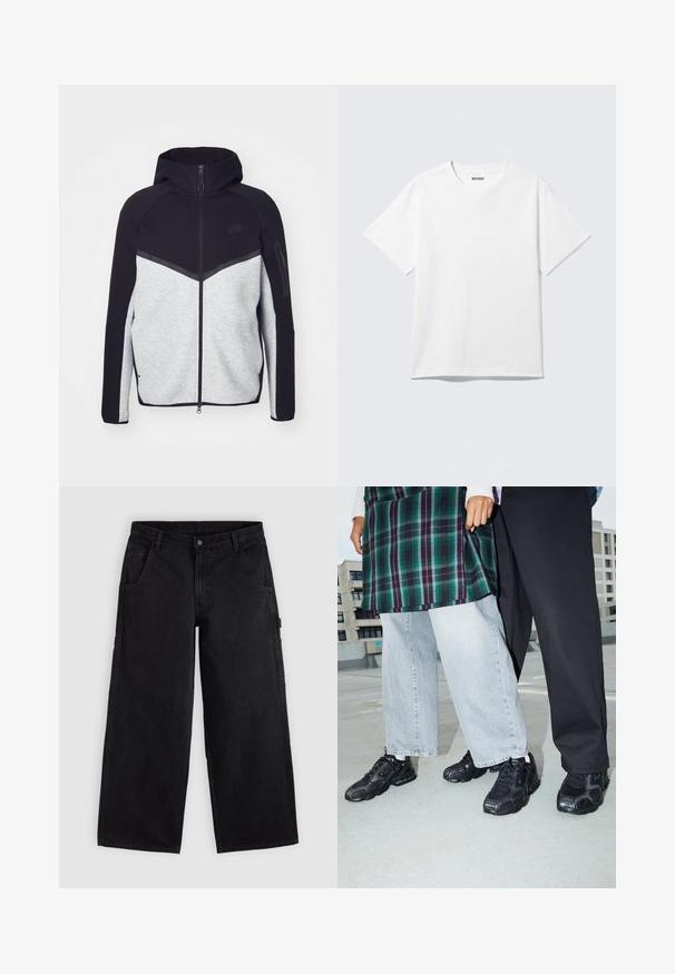 Grau-schwarze Zip-Jacke mit Kapuze. Verfügt über ein Chevron-Design, eine Reißverschlusstasche am Arm und kontrastierende Texturen. Nike-Logo sichtbar.; Weißes T-Shirt mit kurzen Ärmeln und Rundhalsausschnitt, flach liegend, schlichtes Design, mit „WEEKDAY“-Etikett innen im Kragen auf hellem Hintergrund.; Schwarze weite Arbeitshosen mit Gürtelschlaufen, vorderen Taschen und Knopfverschluss, dargestellt auf einem schlichten hellen Hintergrund.; Schwarze Sportschuhe mit Mesh- und Gummielementen. Kombiniert mit hellgrauen weiten Jeans und einem karierten grünen Oberteil. Flacher Hintergrund.