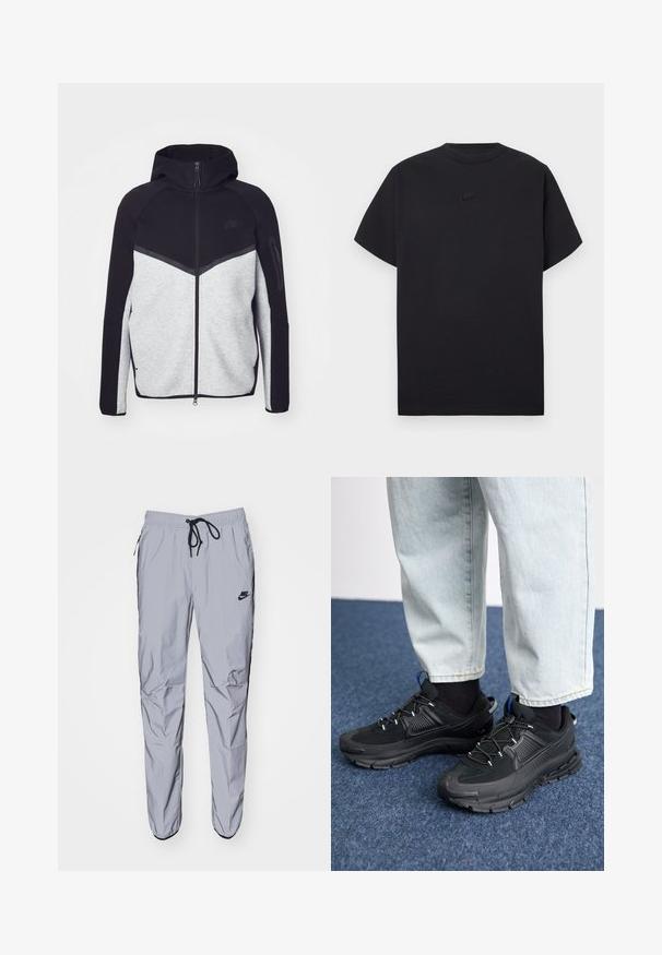Grau-schwarze Zip-Jacke mit Kapuze. Verfügt über ein Chevron-Design, eine Reißverschlusstasche am Arm und kontrastierende Texturen. Nike-Logo sichtbar.; Schwarzes Nike T-Shirt mit kurzen Ärmeln, Rundhalsausschnitt und kleinem schwarzem Nike-Logo mittig auf der Brust.; Hellgraue Sweatpants aus einem glatten, leichten Stoff mit schwarzen Akzenten. Sie verfügen über einen elastischen Bund mit Kordelzug und seitlichen Taschen.; Schwarze Sportschuhe aus strukturiertem Stoff mit Gummisohlen, ausgestattet mit elastischen Schnürsenkeln und einem blauen Akzent an der Ferse. Getragen mit hellen Jeans.