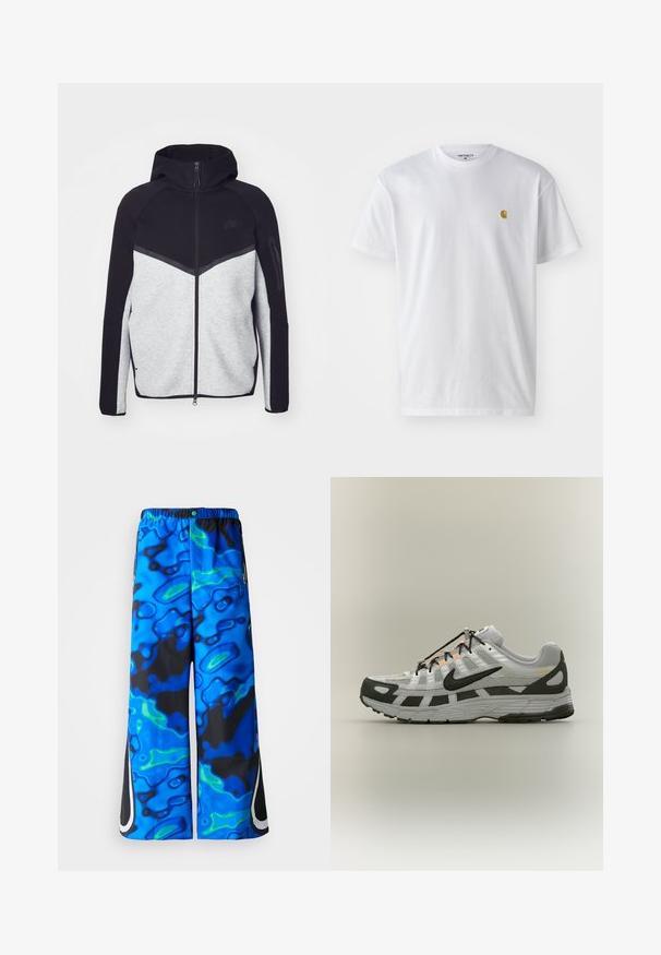 Grau-schwarze Zip-Jacke mit Kapuze. Verfügt über ein Chevron-Design, eine Reißverschlusstasche am Arm und kontrastierende Texturen. Nike-Logo sichtbar.; Weißes Baumwoll-T-Shirt mit kurzen Ärmeln, Rundhalsausschnitt, mit einem kleinen goldenen Logo im linken Brustbereich. Weicher Stoff und normale Passform.; Blaue und schwarze, abstrakt gemusterte, weit geschnittene Hose mit elastischem Bund und seitlichen Reißverschlusstaschen auf einem einfarbigen Hintergrund.; Weißer und grauer Sportschuh mit schwarzem Nike-Swoosh, schwarzen Schnürsenkeln und orangefarbenen Akzenten vor neutralem Hintergrund.