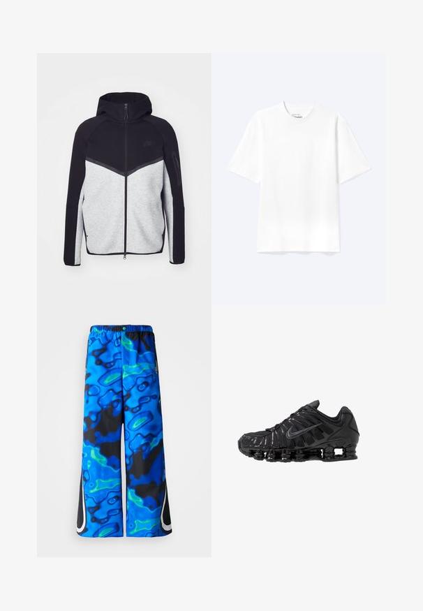 Šedá a čierna vetrovka na zips s kapucňou. Obsahuje chevronový dizajn, zipsovú kapsu na ramene a kontrastné textúry. Viditeľné logo Nike.; Jednoduché biele tričko s krátkym rukávom a okrúhlym výstrihom v uvoľnenom strihu, zobrazené na svetlom pozadí.; Modré a čierne široké nohavice s abstraktným vzorom, s elastickým pásom a zipsovými bočnými vreckami na jednoduchom pozadí.; Čierne športové topánky vyrobené zo sieťoviny a syntetických materiálov, s výrazným vlnitým dizajnom, čiernou gumovou podrážkou a reflexnými prvkami.