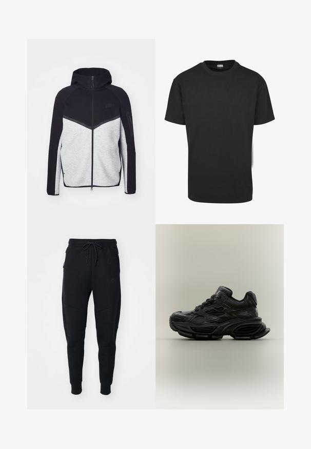Casaco cinza e preto com fecho éclair e capuz. Apresenta um design em chevron, bolso com fecho na manga e texturas contrastantes. Logotipo da Nike visível.; T-shirt preta de algodão com mangas curtas, decote redondo e corte padrão. O tecido parece liso e sem adornos.; Calças de jogging pretas feitas de tecido macio, com cintura elástica ajustável, pernas ajustadas e bolsos laterais com um design elegante.; Ténis pretos grossos com design texturizado, sola grossa e fecho de atacadores exibidos contra um fundo neutro simples.