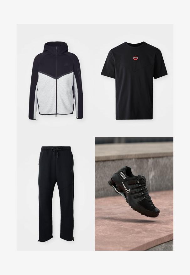 Grå og sort zip-jakke med hætte. Har et chevron-design, lynlåslomme på armen og kontrasterende teksturer. Nike-logoet er synligt.; Sort kortærmet T-shirt i bomuld med et sekskantet rødt og hvidt Nike-logo på brystet og en rund halsudskæring.; Sorte træningsbukser med elastisk linning og snoretræk, har sidelommer, smalle ben og lynlåse ved anklerne. Glat tekstur.; Sort Nike Shox løbesko med hvid swoosh-logo, midt i luften over en rosa betonoverflade mod en grå stenmur som baggrund.