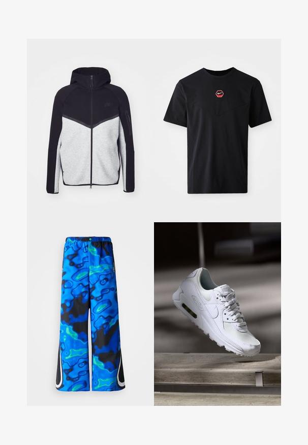 Šedá a čierna vetrovka na zips s kapucňou. Obsahuje chevronový dizajn, zipsovú kapsu na ramene a kontrastné textúry. Viditeľné logo Nike.; Čierne tričko s krátkym rukávom z bavlny, s červeno-bielym šesťuholníkovým logom Nike na hrudi a zaobleným výstrihom.; Modré a čierne široké nohavice s abstraktným vzorom, s elastickým pásom a zipsovými bočnými vreckami na jednoduchom pozadí.; Biele tenisky Nike Air Max 90 s vrchnou časťou z kože a sieťoviny, perforovanou špičkou a viditeľnou vzduchovou jednotkou v päte.