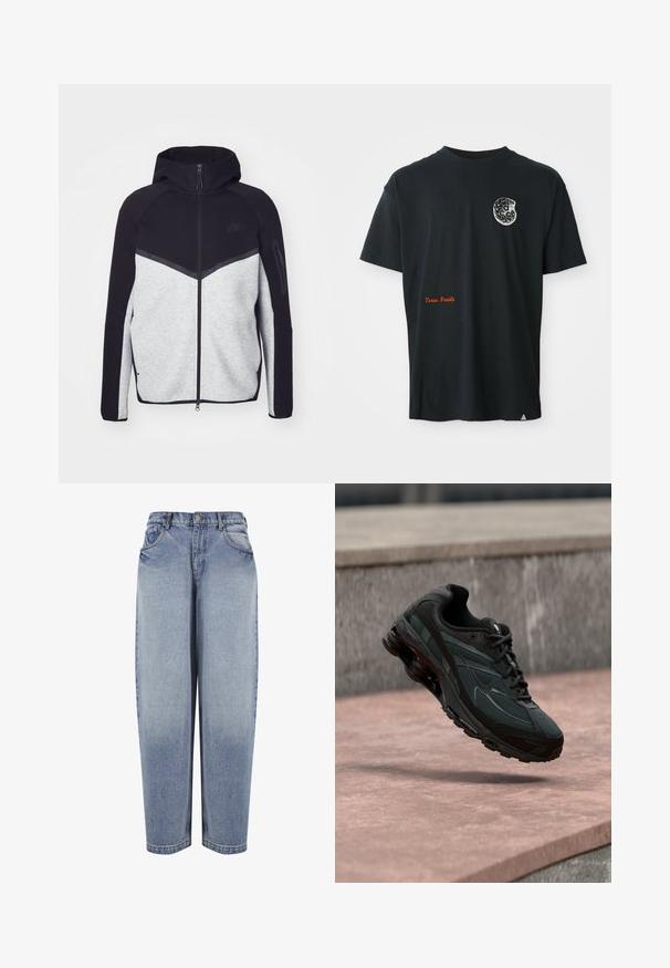 Chaqueta con cremallera en gris y negro con capucha. Presenta un diseño de chevron, un bolsillo con cremallera en el brazo y texturas contrastantes. Logo de Nike visible.; Camiseta negra de manga corta con un pequeño gráfico de fósil blanco en el pecho y el texto en naranja "Fósiles de Texas" cerca de la parte inferior izquierda.; Vaqueros azules de mezclilla de tiro alto y corte holgado, con bolsillos delanteros, trabillas para cinturón, cierre de botones y detalles desgastados a lo largo de las piernas.; Zapatilla deportiva negra con entresuela visible con amortiguación de aire que flota sobre una superficie de piedra rosa con un fondo de pared de piedra gris.