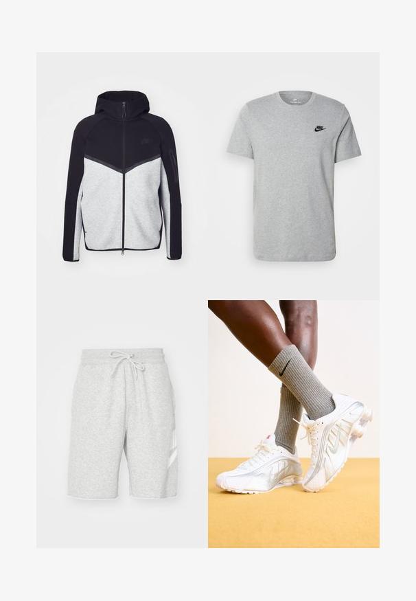 Grijze en zwarte ritshoodie. Heeft een chevronontwerp, een ritszak op de mouw en contrasterende texturen. Nike-logo zichtbaar.; Grijze T-shirt met korte mouwen van katoen, voorzien van een zwart Nike-logo op de borst en een ronde halslijn. Minimalistisch ontwerp zonder patronen.; Heren grijze sweatshorts van zacht katoen, met een elastische tailleband met trekkoord, zijzakken en een witte logo-detail.; Nike sneakers in het wit met zilveren accenten, met textuurpanelen en perforaties. Gecombineerd met grijze geribde sokken, tegen een gele achtergrond.