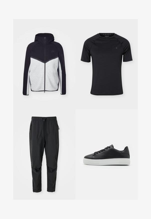 Šedá a čierna vetrovka na zips s kapucňou. Obsahuje chevronový dizajn, zipsovú kapsu na ramene a kontrastné textúry. Viditeľné logo Nike.; Čierne športové tričko s krátkym rukávom a okrúhlym výstrihom s malým logom na ľavej strane hrude, zobrazené na jednoduchom svetlom pozadí.; Čierne ľahké nohavice s elastickým pásom, sťahovacou šnúrkou, bočnými vreckami na zips, vystuženými kolenami a zipsami na členkoch.; Čierne kožené tenisky s okrúhlou špičkou, bielou gumovou podrážkou a čiernymi šnúrkami. Majú hladký povrch a minimalistický dizajn.