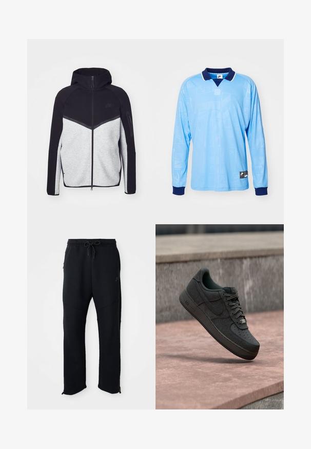 Grau-schwarze Zip-Jacke mit Kapuze. Verfügt über ein Chevron-Design, eine Reißverschlusstasche am Arm und kontrastierende Texturen. Nike-Logo sichtbar.; Hellblauses Langarm-Polohemd mit marineblauem Kragen und Bündchen, das ein dezentes Allover-Muster und Nike-Logoprint am unteren Saum aufweist.; Schwarze Sporthose mit elastischem Bund und Kordelzug, seitlichen Taschen, schmal zulaufenden Beinen und Reißverschlüssen an den Knöcheln. Glatte Textur.; Schwarzer Nike Air Force 1 Sneaker, der über einer glatten Steinoberfläche mit einer Steinmauer im Hintergrund schwebt.