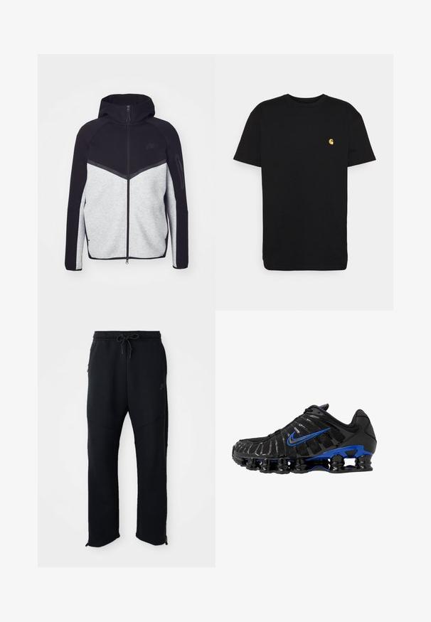 Hallide ja musta kapuutsiga tõmblukuga jakk. Omab ševronmustrit, tõmblukuga taskut varrukal ja kontrasteksture. Nähtav Nike logo.; Must must tee, lühikeste varrukatega, ümar kaelus ja vasakul rinnal väike kollane logo. Lihtne disain ja regulaarne istuvus.; Mustad mustaräätsed paelaga ja elastse vööga, küljetaskud, kitsenevad sääred ja tõmblukud pahkluude juures. Sile tekstuur.; Mustmust mustreketega on võrgust pealmine osa ja läikivad aktsendid. Omab sinist sisselõiget, pehmet kaelust ning silmapaistvat musta kummist tallat, kus on nähtav pehmendus.