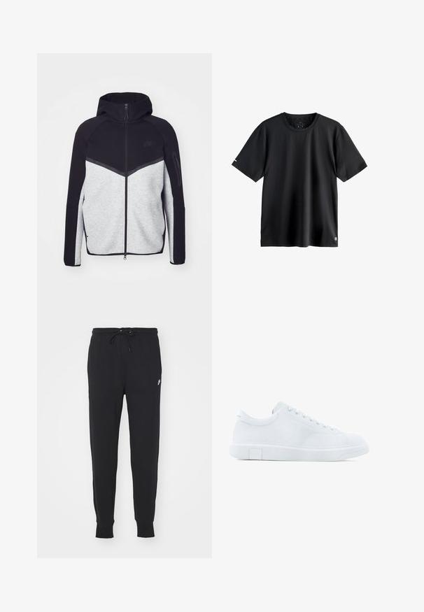 Šedá a čierna vetrovka na zips s kapucňou. Obsahuje chevronový dizajn, zipsovú kapsu na ramene a kontrastné textúry. Viditeľné logo Nike.; Jednoduché čierne športové tričko s krátkym rukávom a okrúhlym výstrihom, stredne veľká veľkostná etiketa vo vnútri výstrihu a malé logo na spodnom ľavom okraji.; Čierne tepláky vyrobené z bavlnenej zmesi, s pásom na šnúrku, zoštíhlenými nohavicami a malým bielym logom na prednej strane.; Biele tenisky s hladkým koženým zvrškom, okrúlim špičkou, šiestimi dierkami na šnúrky, plochými šnúrkami a textúrovanou gumovou podrážkou. Minimálne logo na boku.