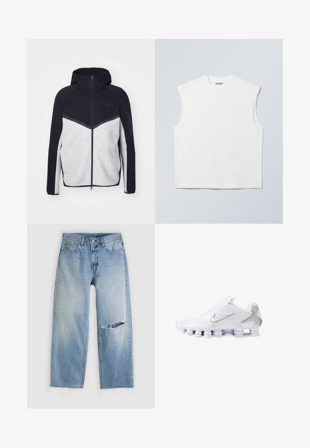 Grå og svart jakke med glidelås og hette. Har et chevronmønster, glidelåslomme på armen, og kontrasterende teksturer. Nike-logo synlig.; Hvit ermeløs bomullstopp med rund hals og strukturerte skuldre, merket "WEEKDAY" på nakkemerke, vist på lyst grått bakgrunn.; Lyseblå jeans med rette ben, en stor horisontal rift på høyre kne og frynsete kanter på hvit bakgrunn.; Hvite treningssko med strukturert overdelsmateriale, sølvfarget swoosh-logo, mesh-paneler og en særegen, segmentert hvit såle.